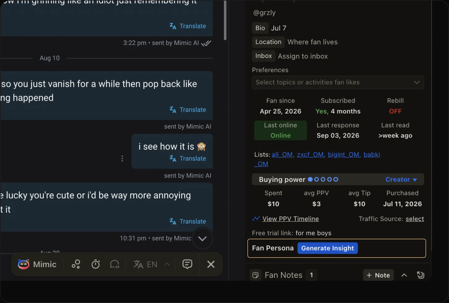 OnlyMonster AI Fan Persona panel summarizing a fan's topics and preferences next to the chat