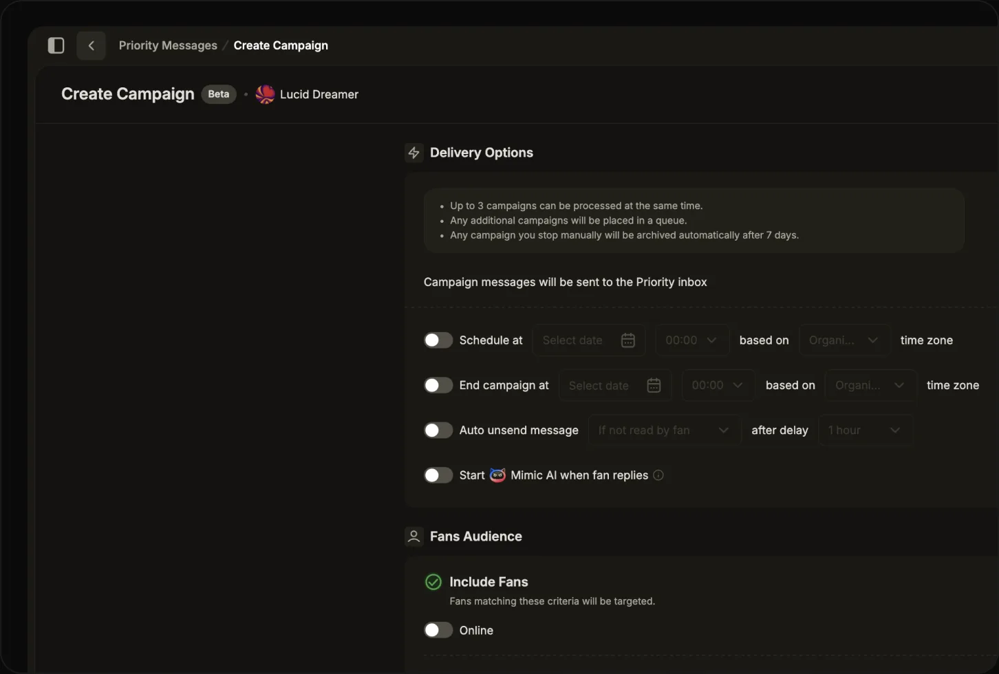 OnlyMonster AI priority message settings